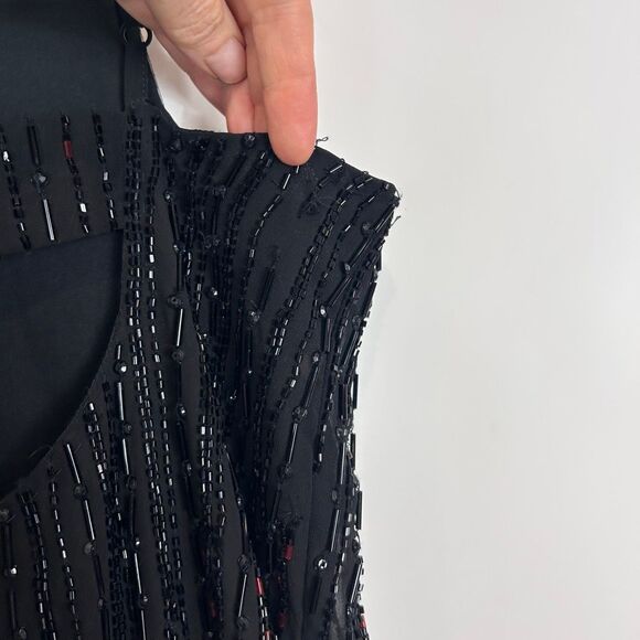 Parker Monaco Mini Dress Womens Medium Black Beaded Feather Sleeveless Cocktail - Picture 12 of 16